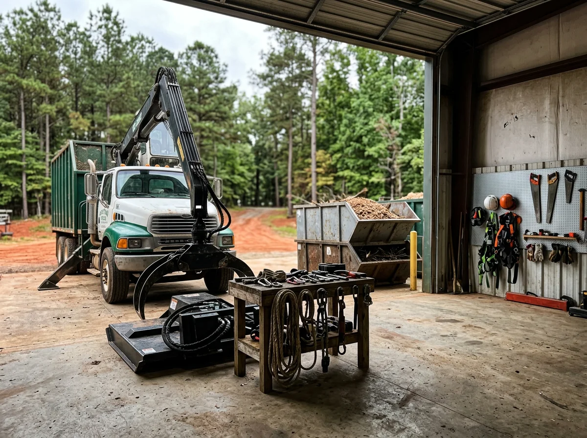 Crew and equipment ready for tree work, including grapple truck and specialized machinery for brush mowing and debris hauling.