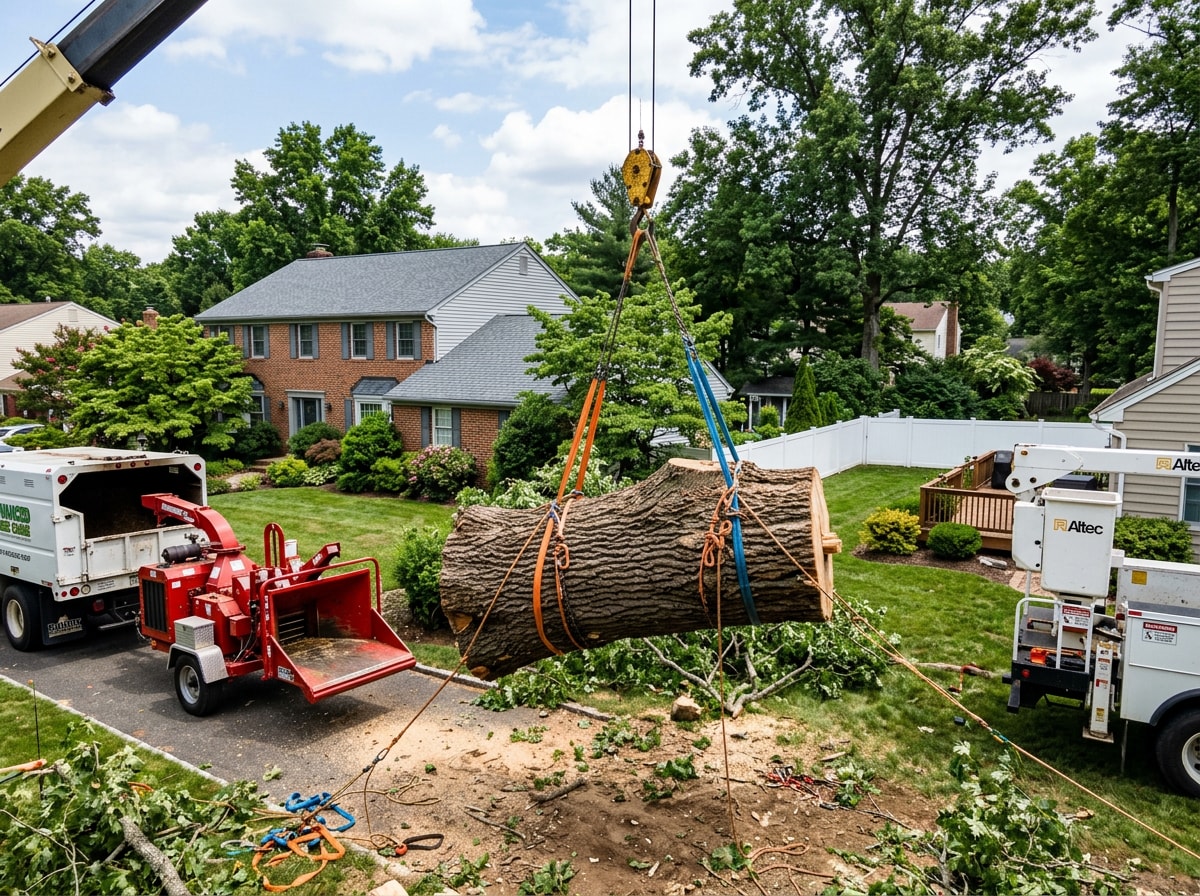 A large oak section being lowered by crane during a residential tree removal job