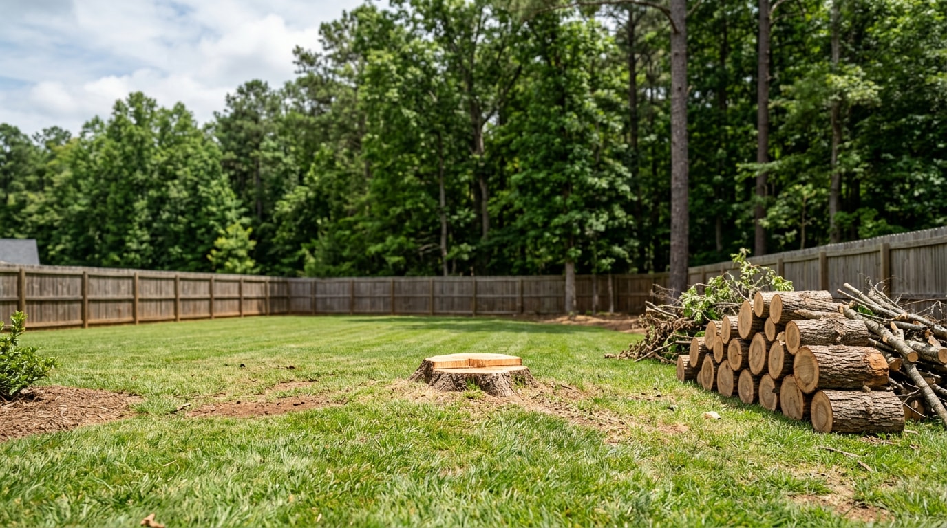 Residential yard in Fountain Inn, SC after professional tree removal with stump and stacked logs visible