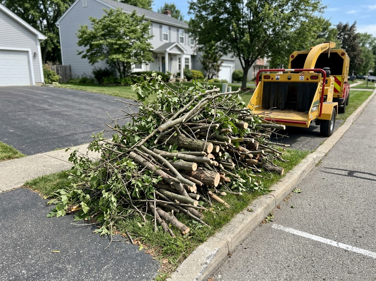 Stacked brush and limb debris pile ready for hauling after tree trimming job