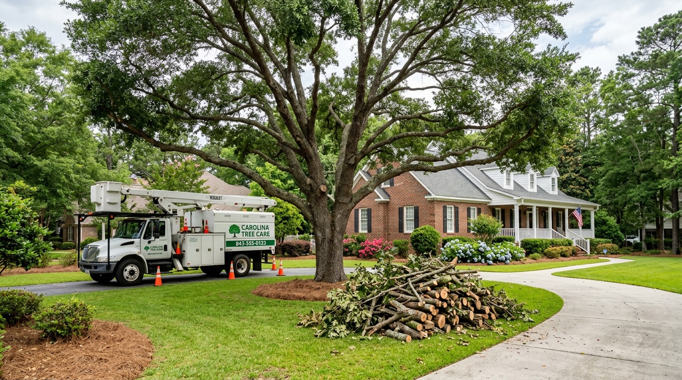 Professionally trimmed mature oak tree in a Laurens, SC front yard with equipment truck nearby
