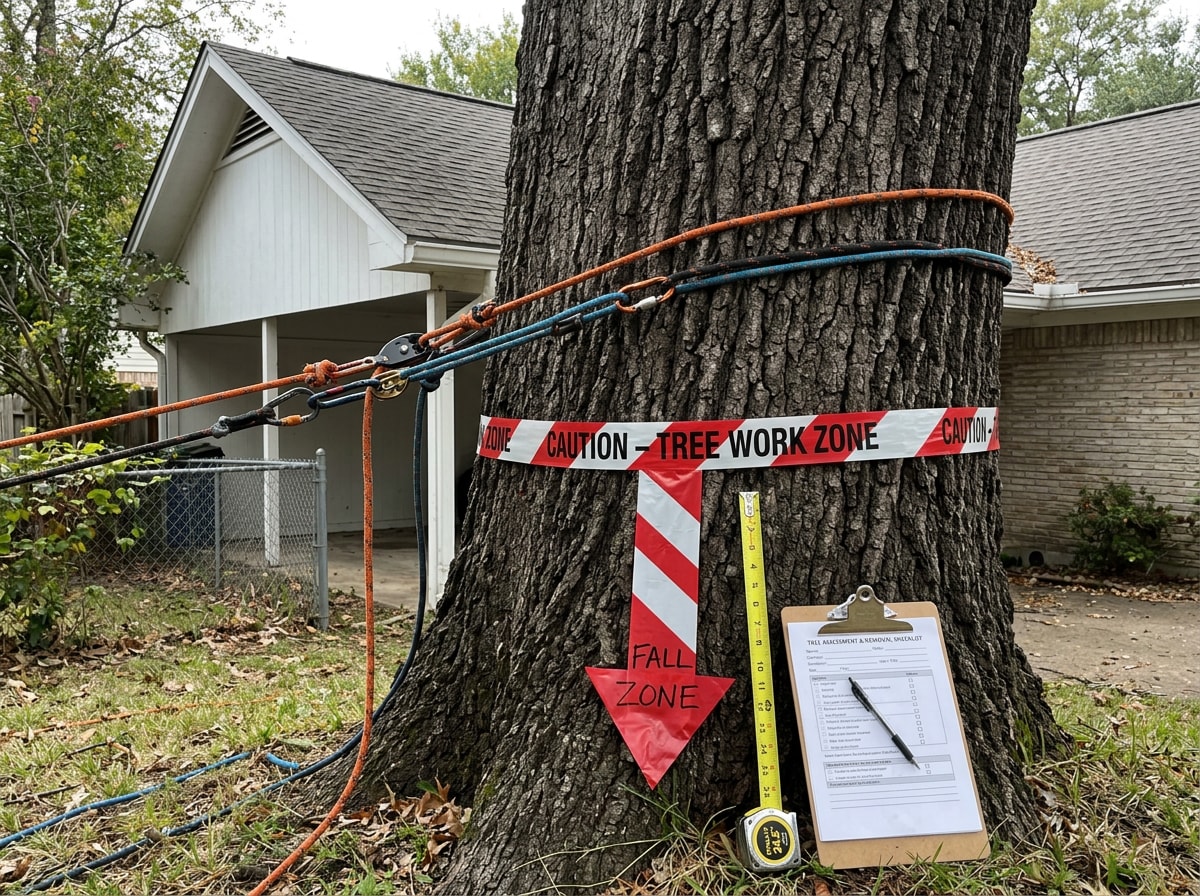 An arborist assessing a large tree in a residential Mauldin, SC yard before marking the fall zone and equipment access path