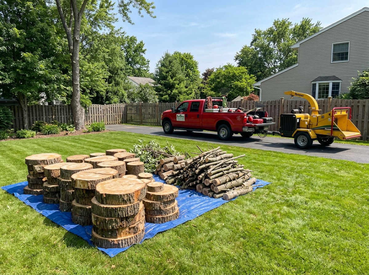 Freshly cut tree sections and cleared debris stacked neatly after a professional removal job in a Mauldin, SC yard