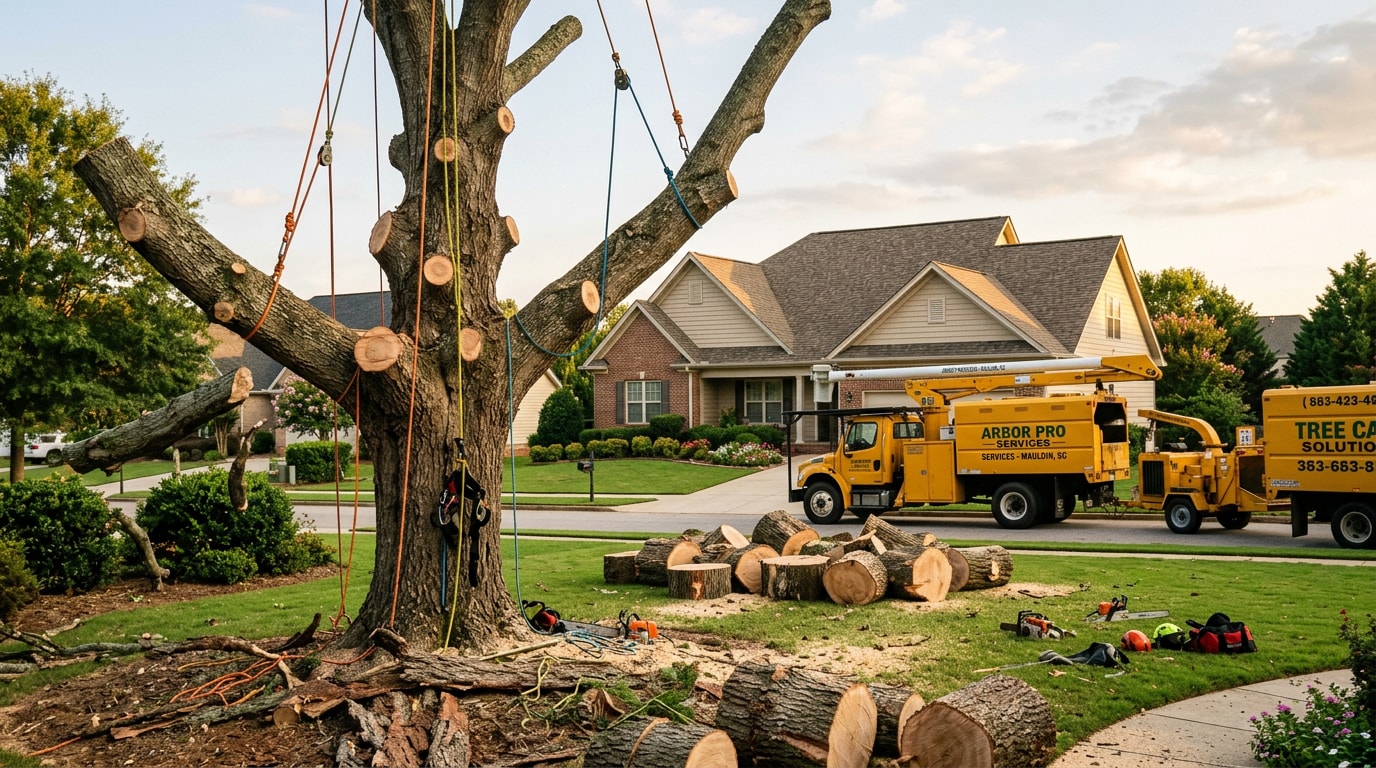 Professional tree removal crew equipment and sectioned tree limbs in a Mauldin, SC residential yard