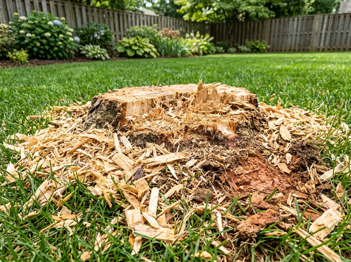 Freshly ground tree stump surrounded by wood chips in a Fountain Inn, SC backyard