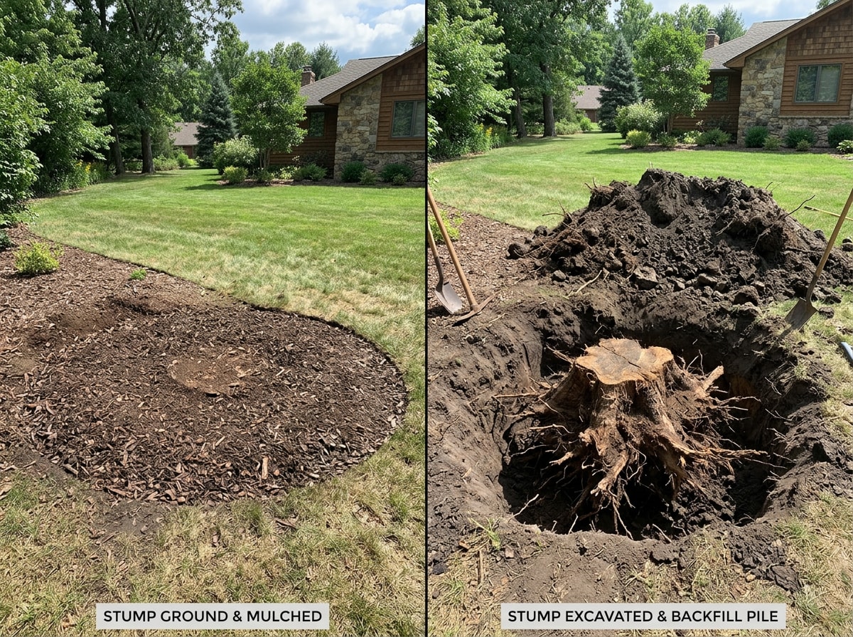 Side-by-side comparison of a ground stump versus a fully excavated stump hole