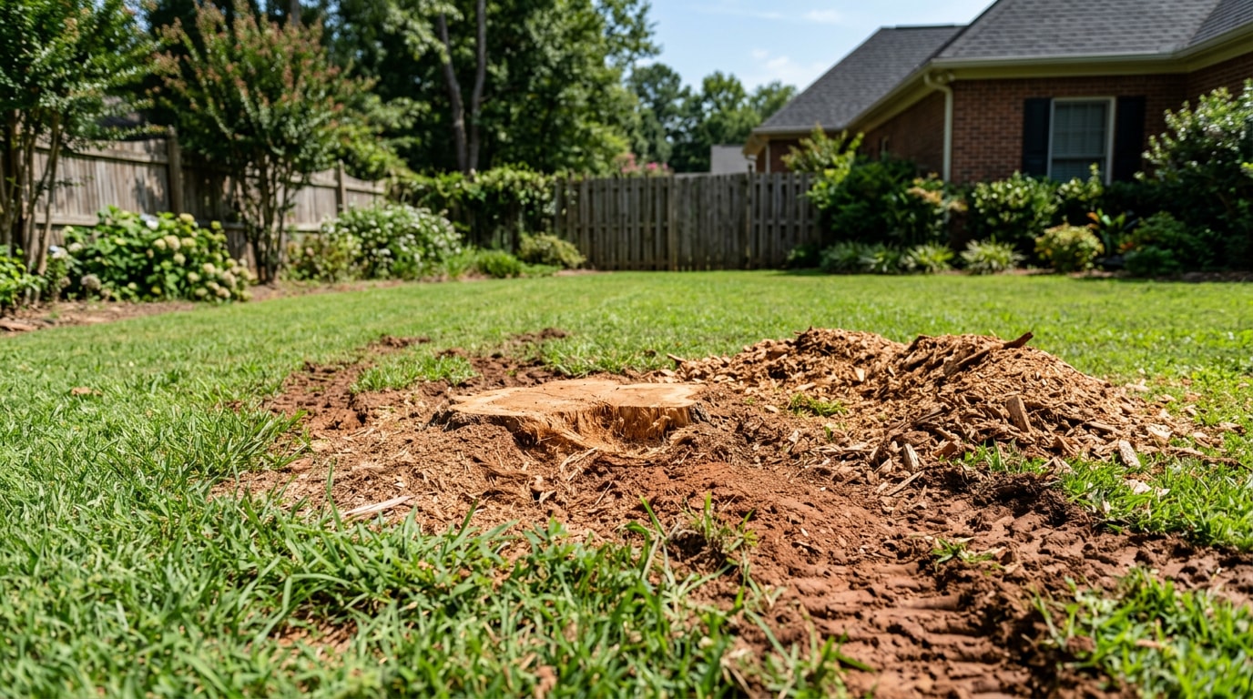 Freshly ground tree stump in a Fountain Inn, SC backyard lawn