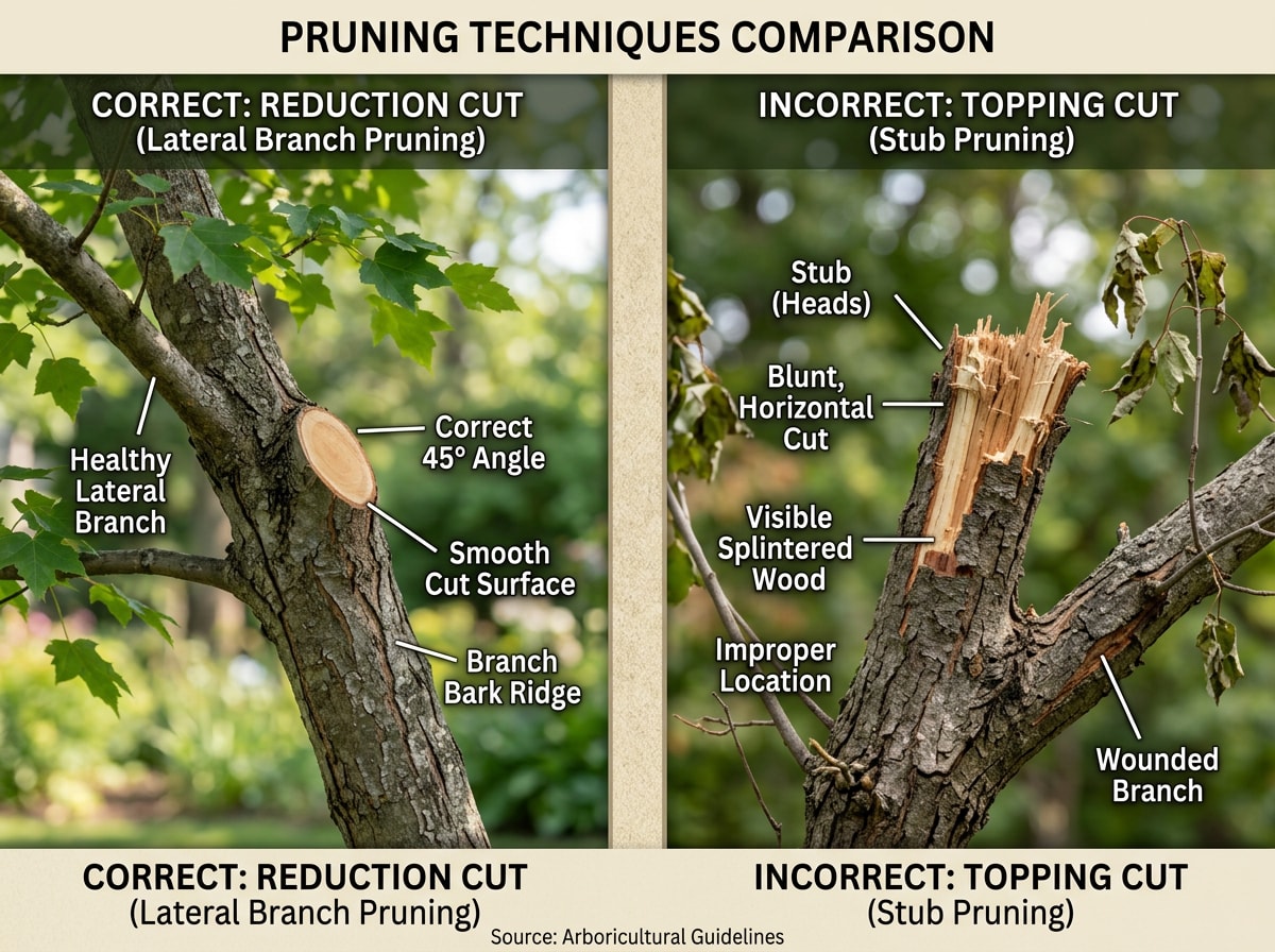 Diagram comparing proper crown reduction cuts versus improper tree topping on a mature oak tree
