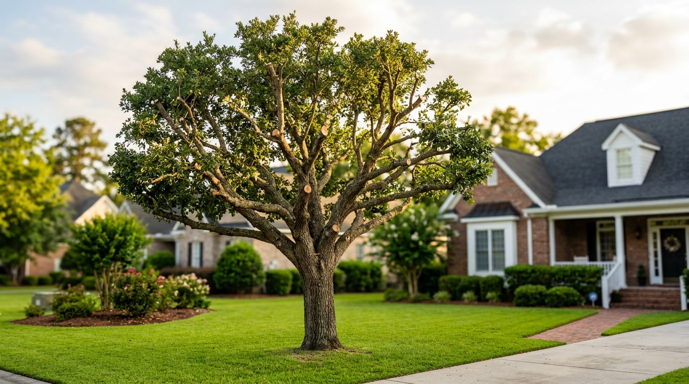 Mature oak tree in a Woodruff, SC yard after professional crown reduction pruning