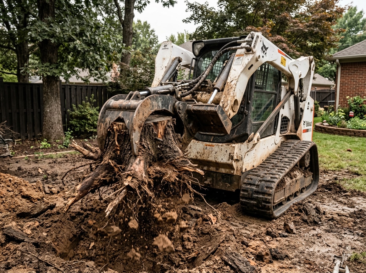 Heavy machinery pulling a large tree stump and root ball from the ground