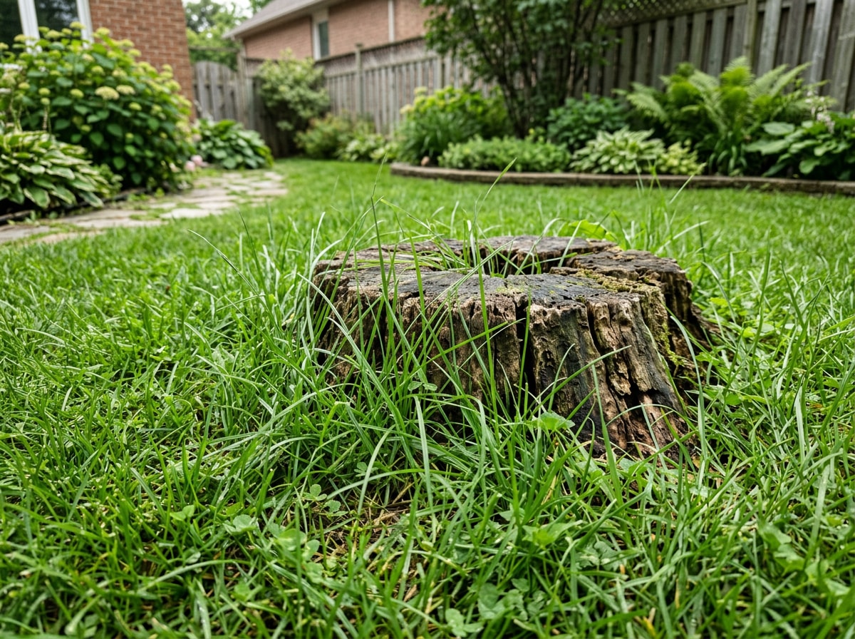 Unremoved tree stump creating a tripping hazard in a Mauldin, SC backyard