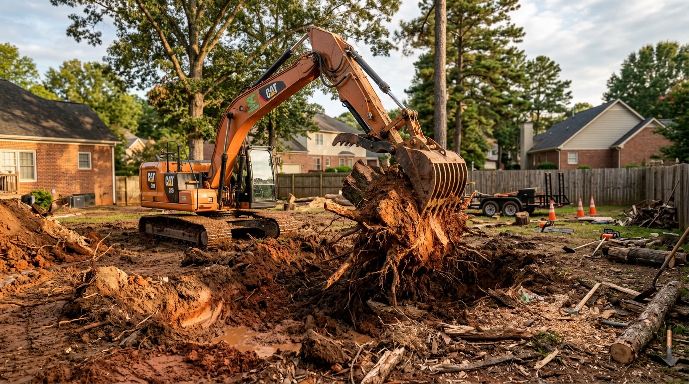 Excavator pulling a large tree stump and root ball from red clay soil in a Mauldin, SC backyard Excavator pulling a large tree stump and root ball from red clay soil in a Mauldin, SC backyard