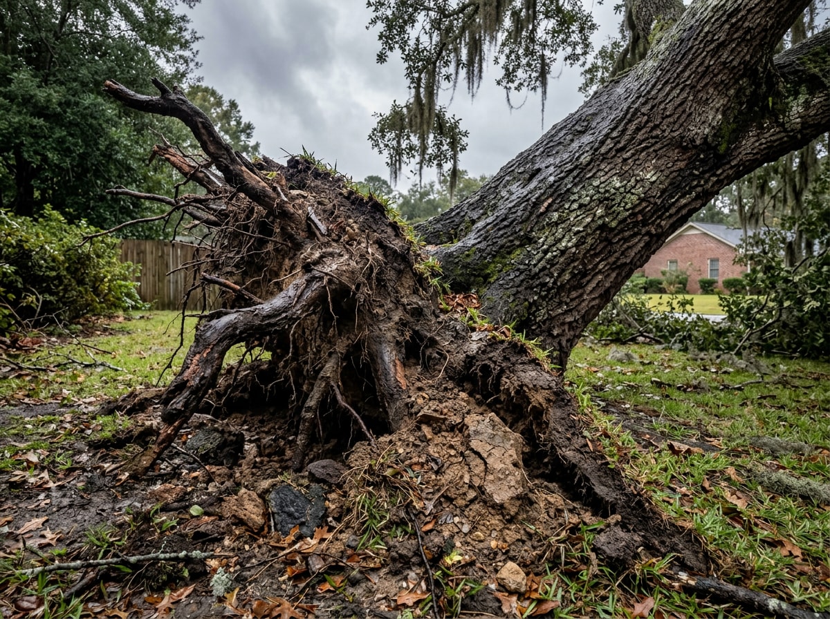 Leaning storm-damaged oak tree with exposed root plate in a Greenwood, SC yard