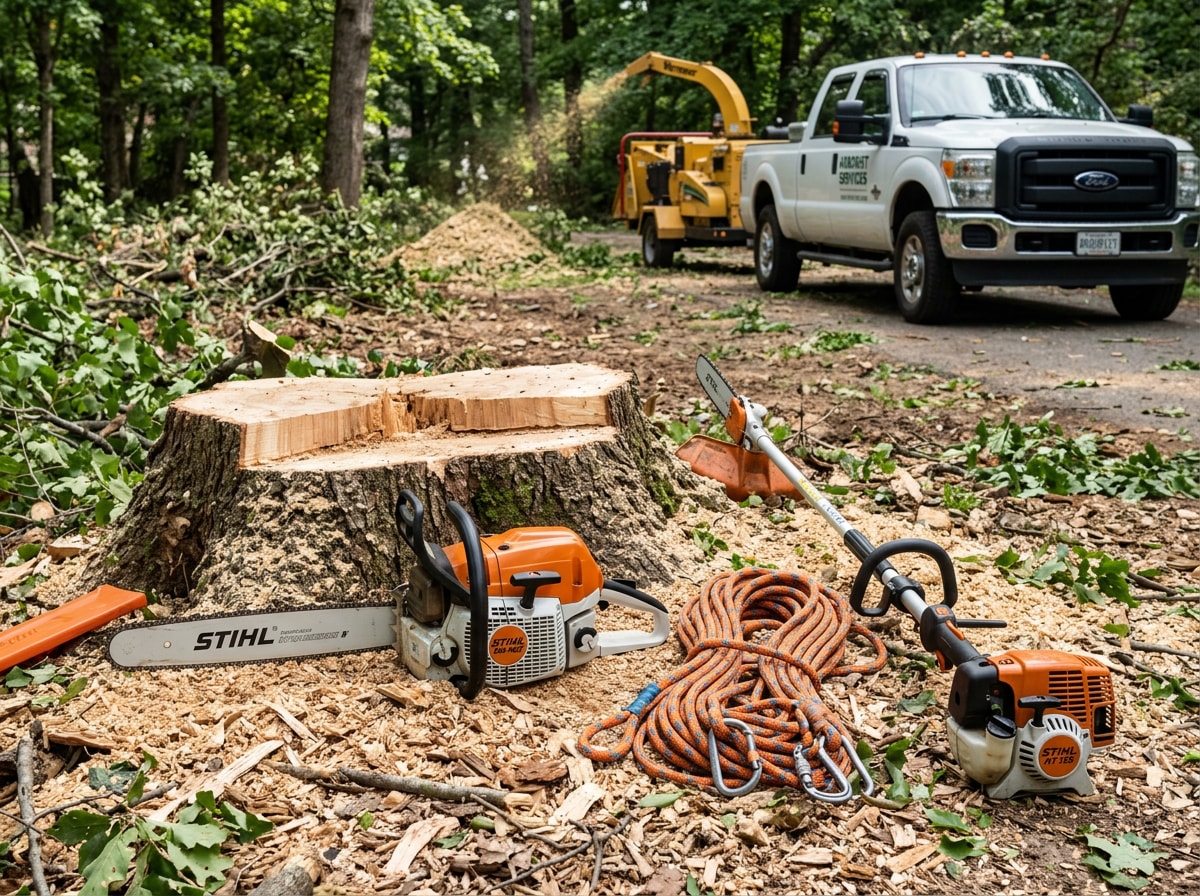 Chainsaw, rigging rope, and cleared storm debris staged beside a freshly trimmed tree after a Greenwood, SC storm