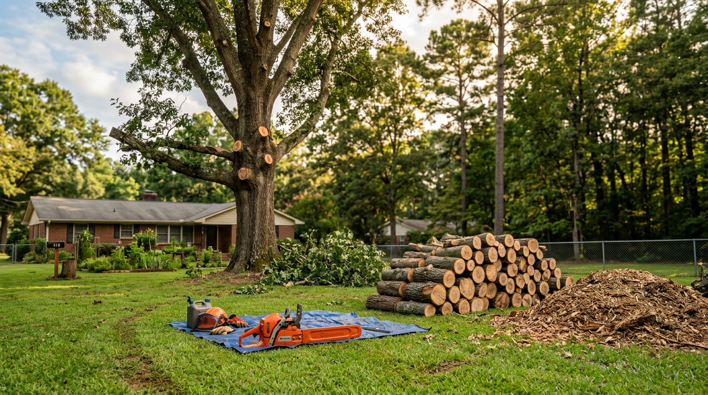 Freshly repaired storm-damaged oak tree with cleared debris in a Greenwood, SC backyard Freshly repaired storm-damaged oak tree with cleared debris in a Greenwood, SC backyard