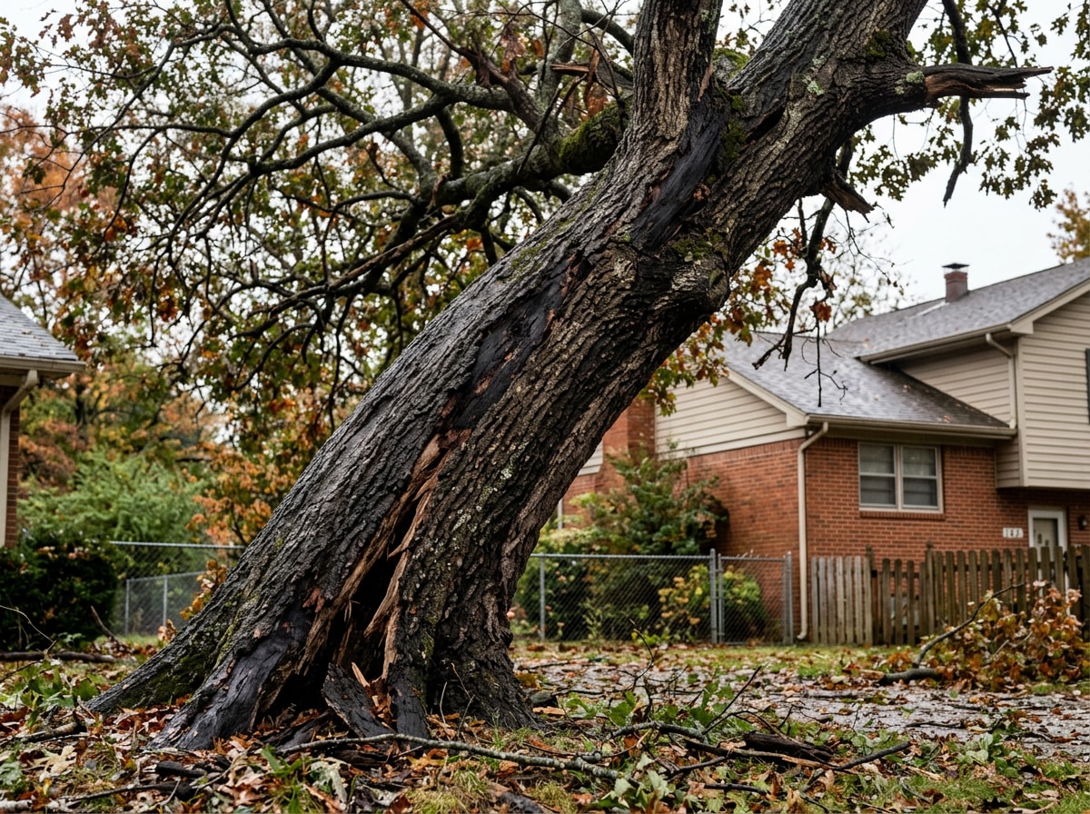 leaning storm-damaged tree showing hazard warning signs near a home in Woodruff, SC