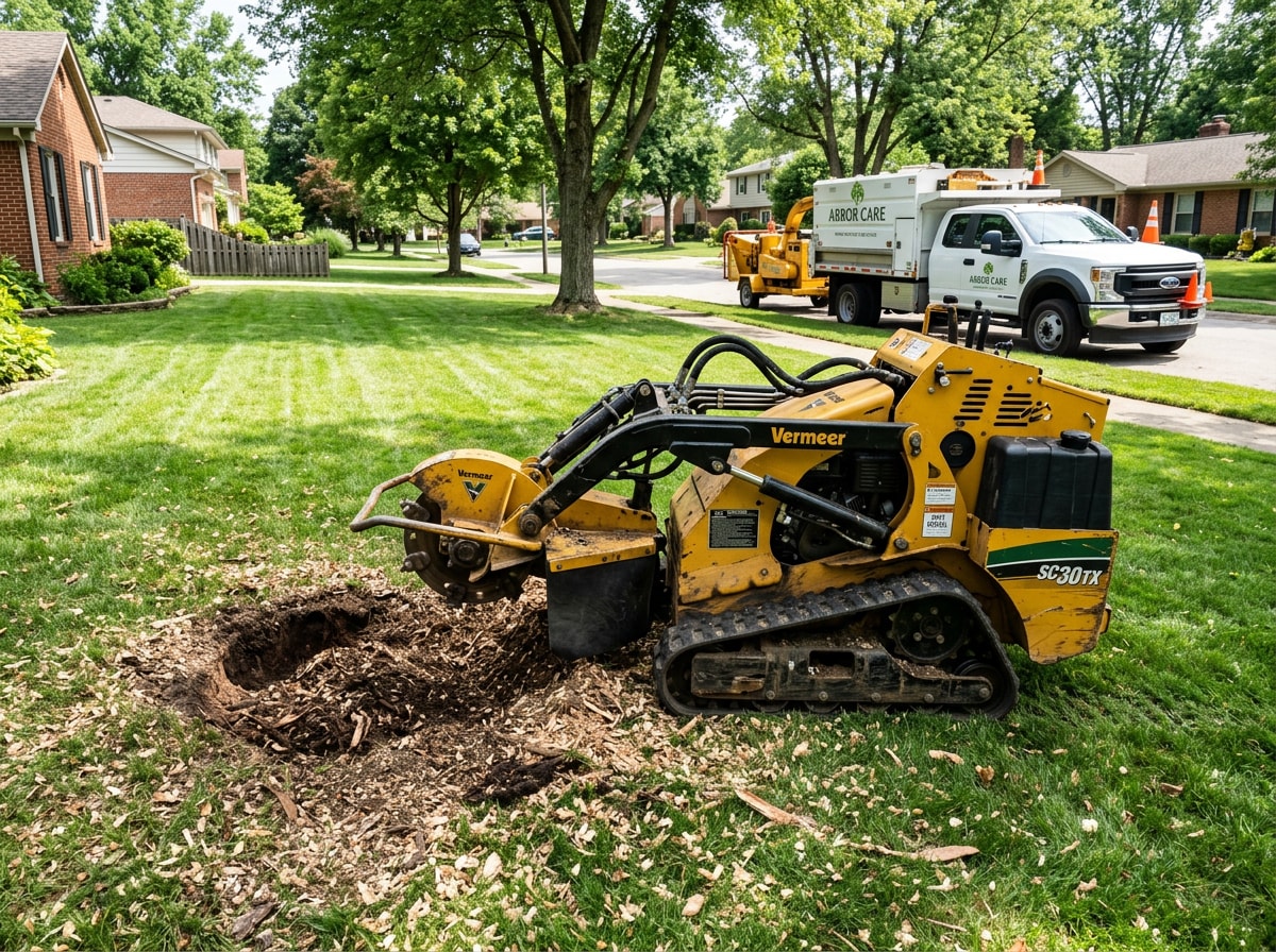 tree service crew truck with stump grinder parked after completing a stump grinding job in Woodruff, SC