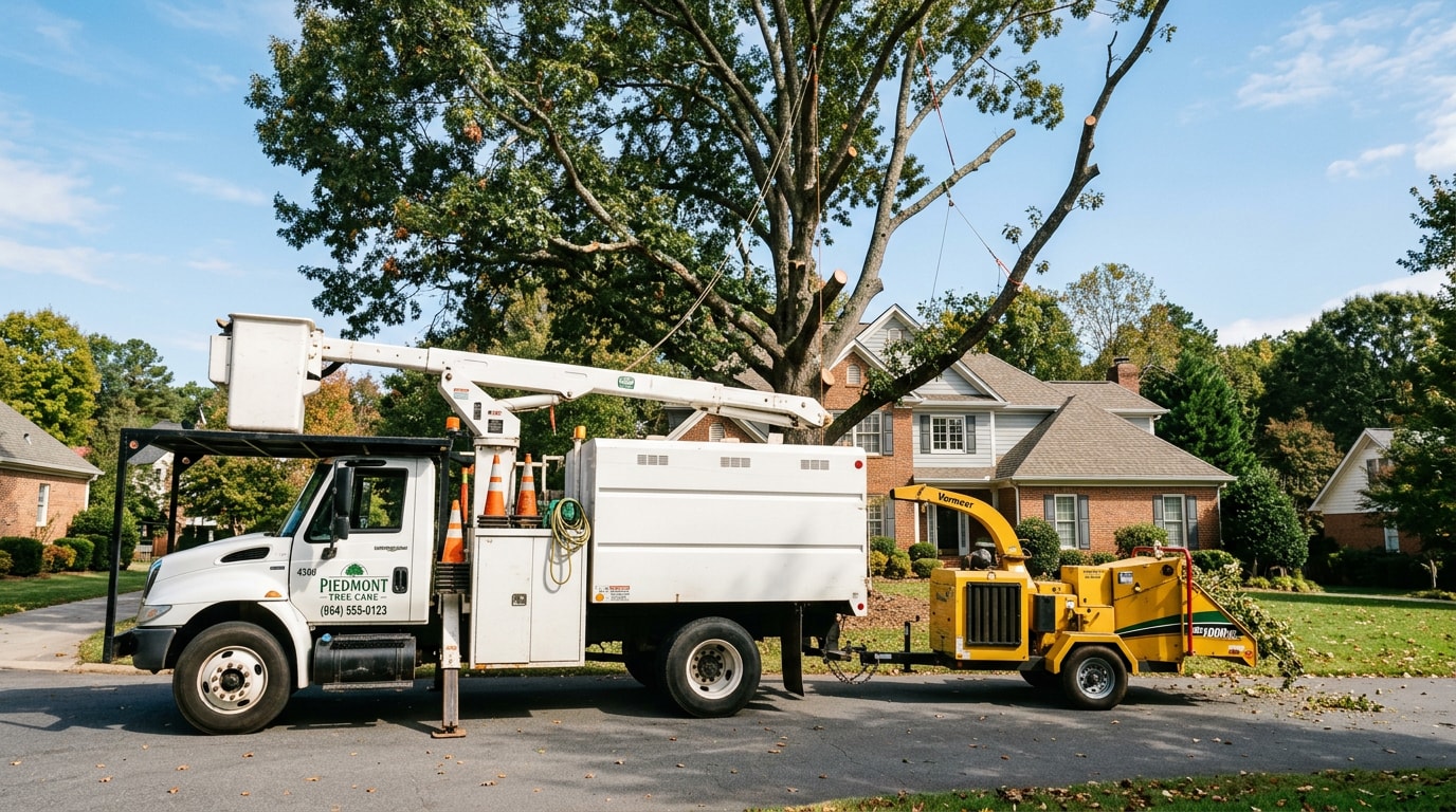 Tree service truck and equipment set up for a free estimate visit in Woodruff, SC