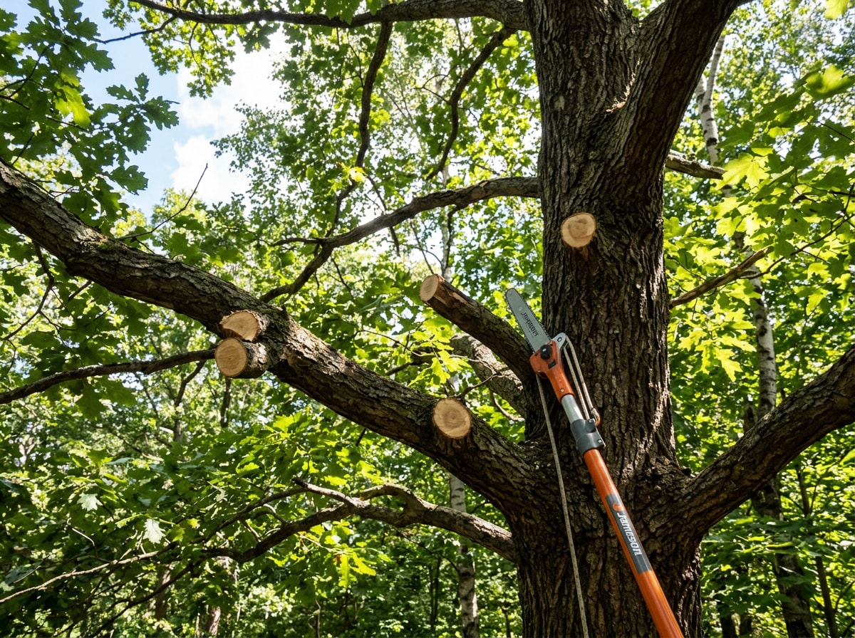 Arborist performing crown thinning on a residential tree in a Simpsonville, SC yard