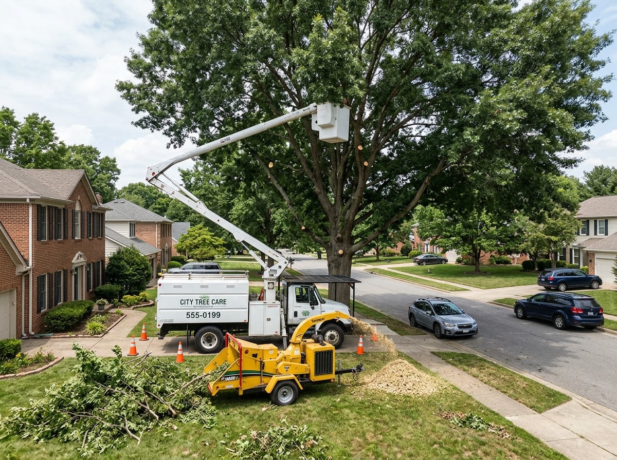 Pruning crew using a bucket truck to trim a large shade tree, with debris cleanup underway below