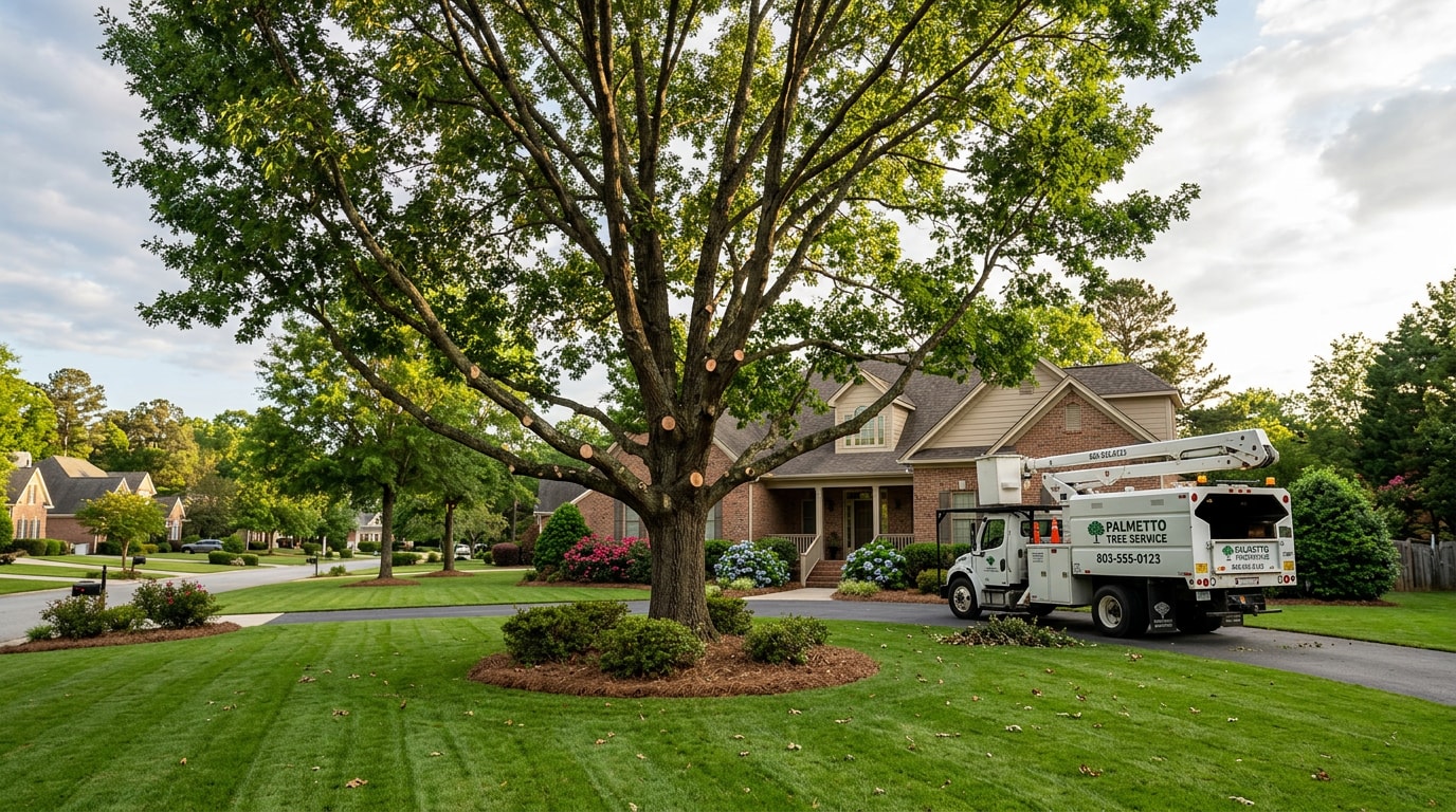 Freshly pruned oak tree in a Simpsonville, SC front yard with raked lawn and bucket truck in background Freshly pruned oak tree in a Simpsonville, SC front yard with raked lawn and bucket truck in background