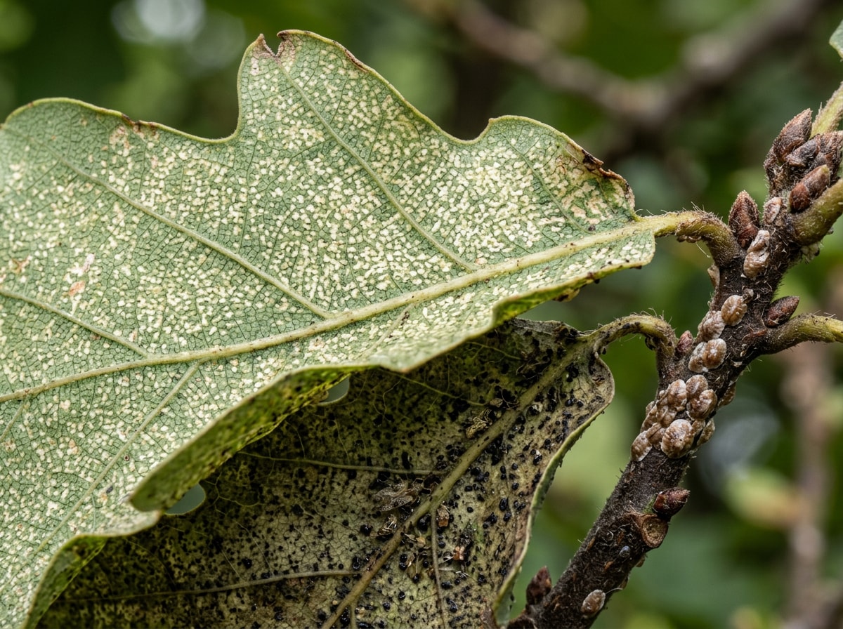 Close-up of lace bug damage and scale insects on a Southeastern shade tree leaf in Woodruff, SC