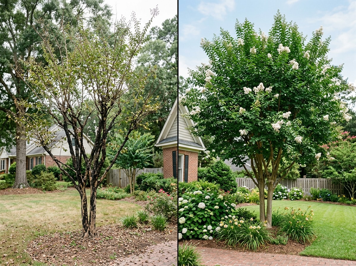 Before and after comparison of a treated versus untreated shade tree in an Upstate South Carolina yard