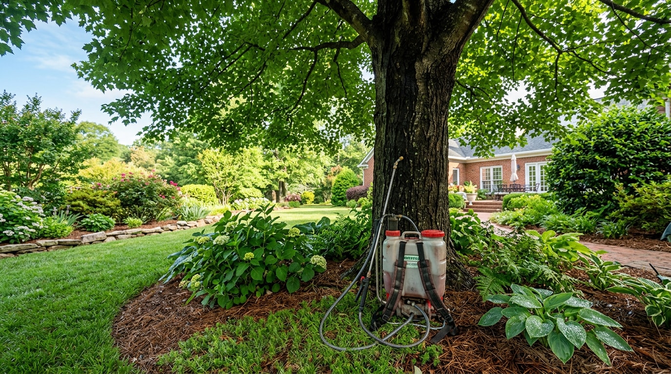 Professional tree spraying equipment beside a healthy shade tree in a Woodruff, SC yard