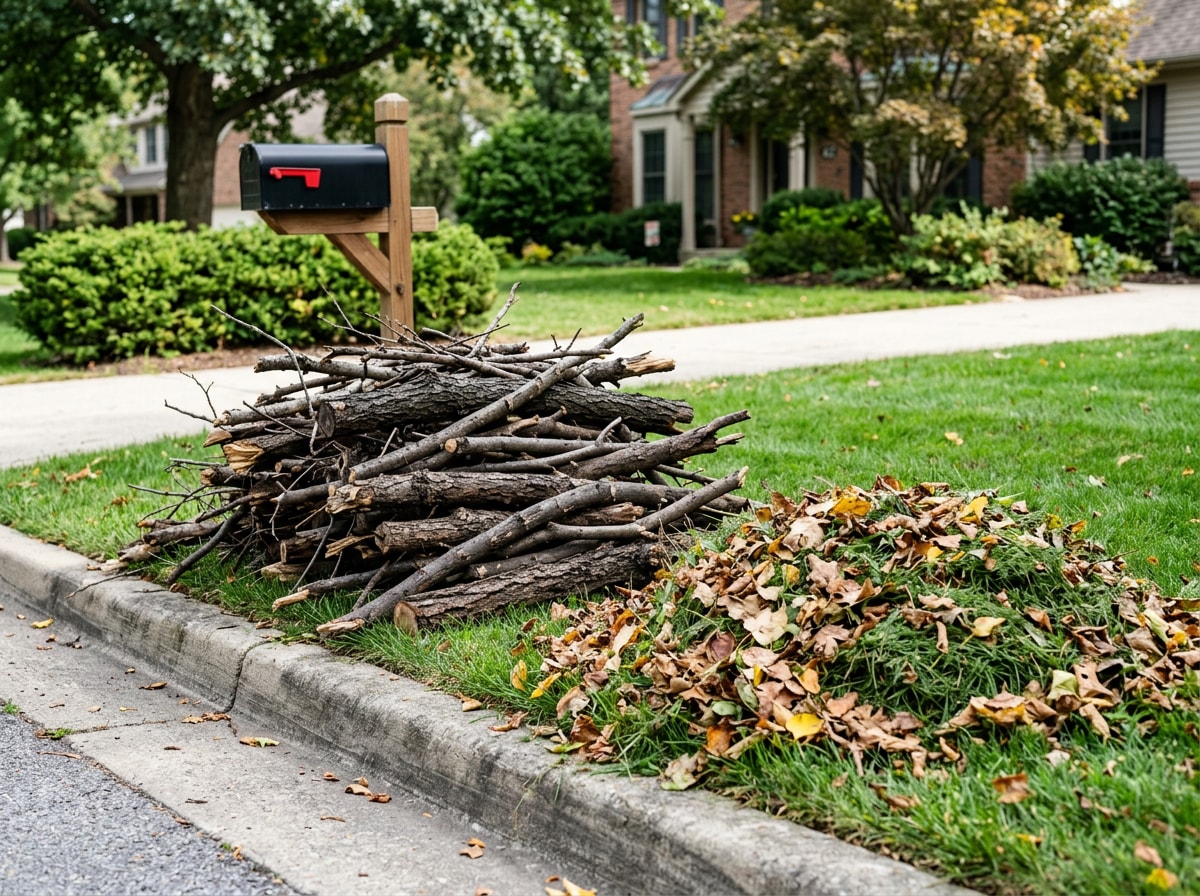 Tree limbs and branches stacked loose at the curb for weekly pickup in Fountain Inn, SC