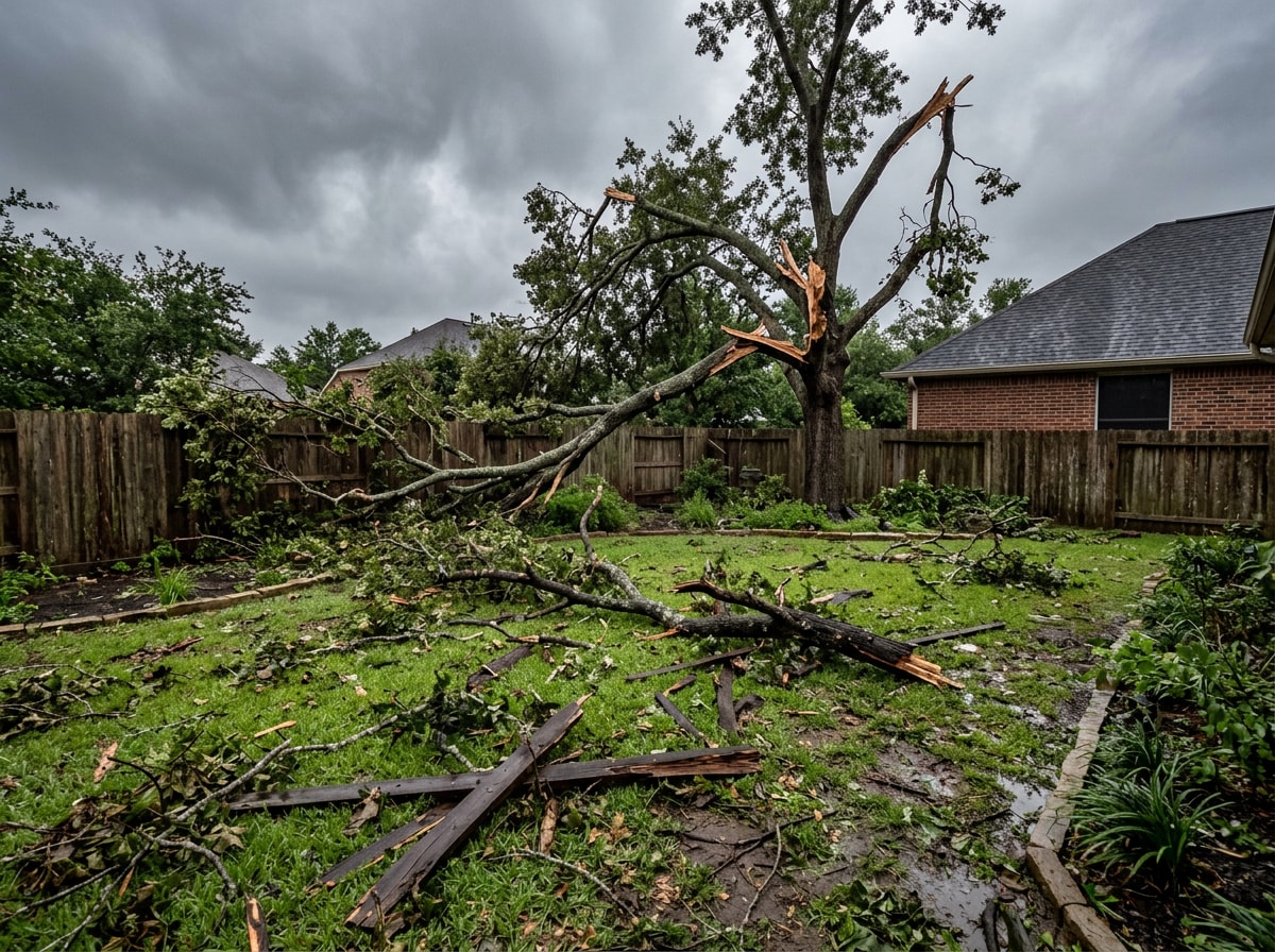 Storm-damaged tree limbs and fallen branches scattered across a yard after a storm in Fountain Inn, SC