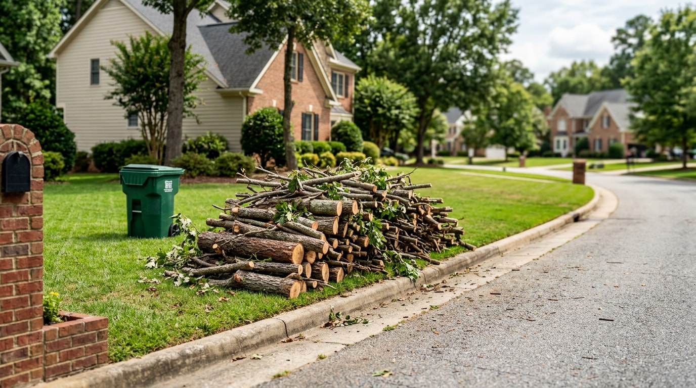 Pile of cut tree branches stacked at the curb for yard waste pickup in a Fountain Inn, SC neighborhood