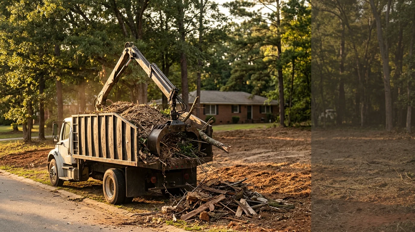 Grapple truck loading tree branches and brush into its bucket