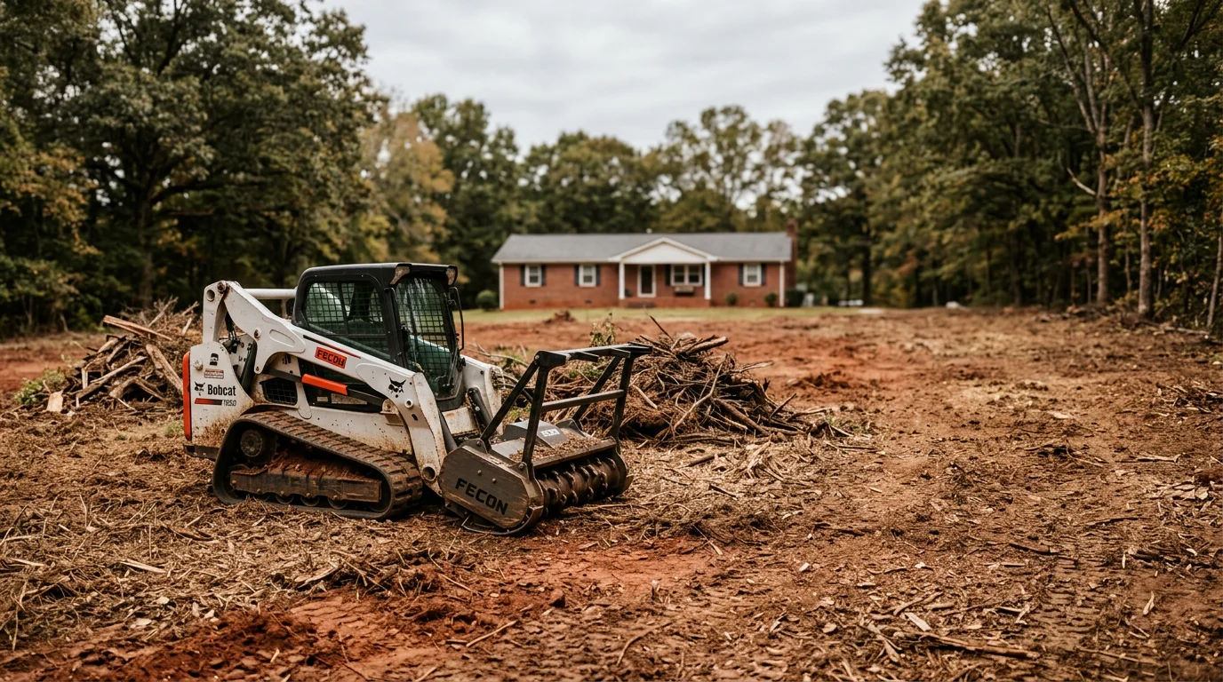 Bushhogging equipment clearing dense brush and overgrown vegetation from a residential lot