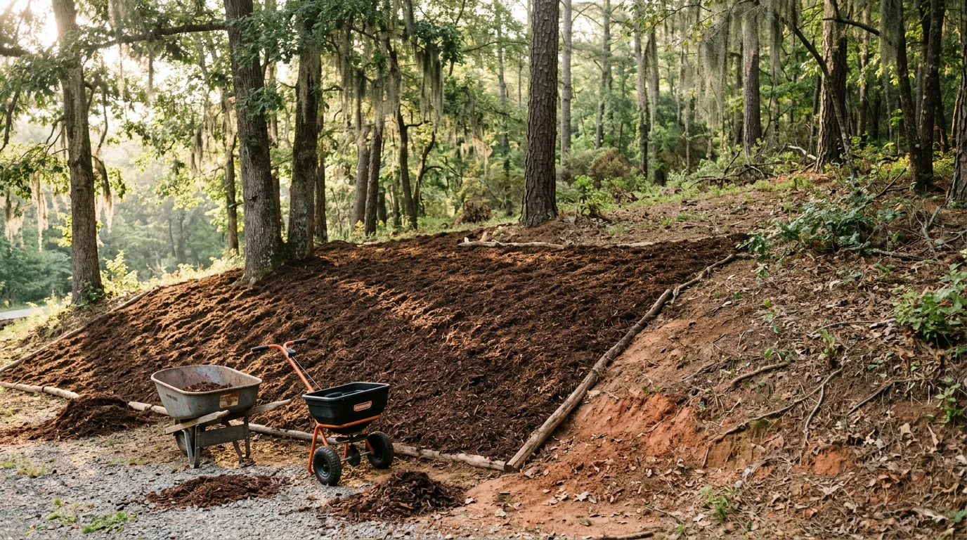 Mulch being applied to a steep hillside slope with specialized equipment