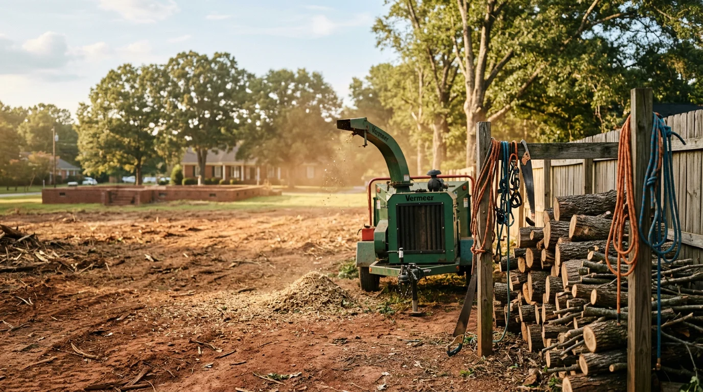Professional arborist using climbing equipment to trim a large oak tree
