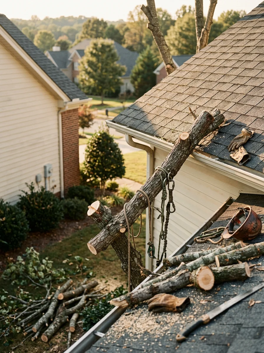 Close-up of a tree crew trimming overhanging hardwood branches away from a roofline in a Fountain Inn subdivision, with rolling Piedmont terrain visible in the background.