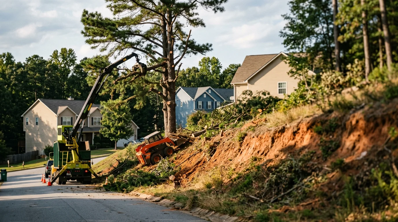 A large pine tree being removed on a sloped residential lot in Fountain Inn, SC, with a grapple truck staged on the street below and clay soil visible on the exposed hillside.