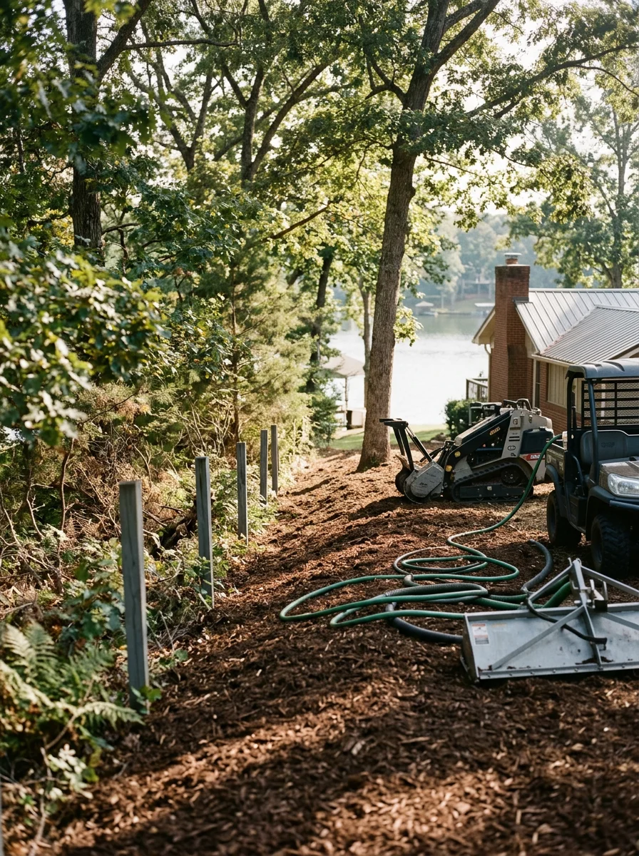 Specialty mulching equipment working on a steep residential bank in Greenwood, SC, applying mulch to an erosion-prone slope after tree removal near a waterfront property.