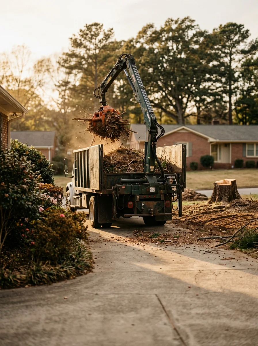 A grapple truck loading tree debris from a cleared Mauldin, SC residential driveway after a full tree removal, with the stump and cleared lot visible beside the truck.