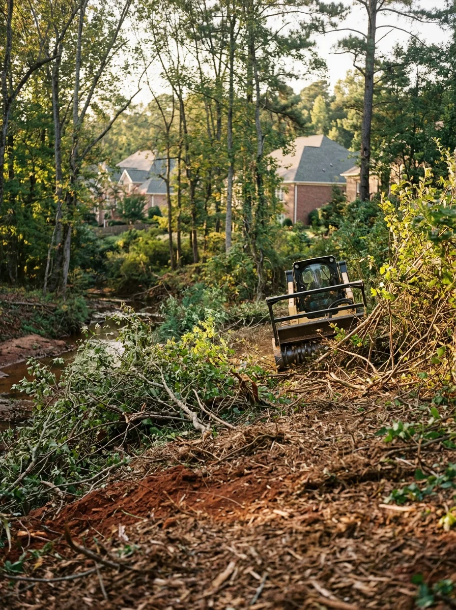 Overgrown brush along a creek buffer between two Simpsonville, SC subdivisions being cleared by a brush mowing attachment, with subdivision rooflines visible through the cleared vegetation.