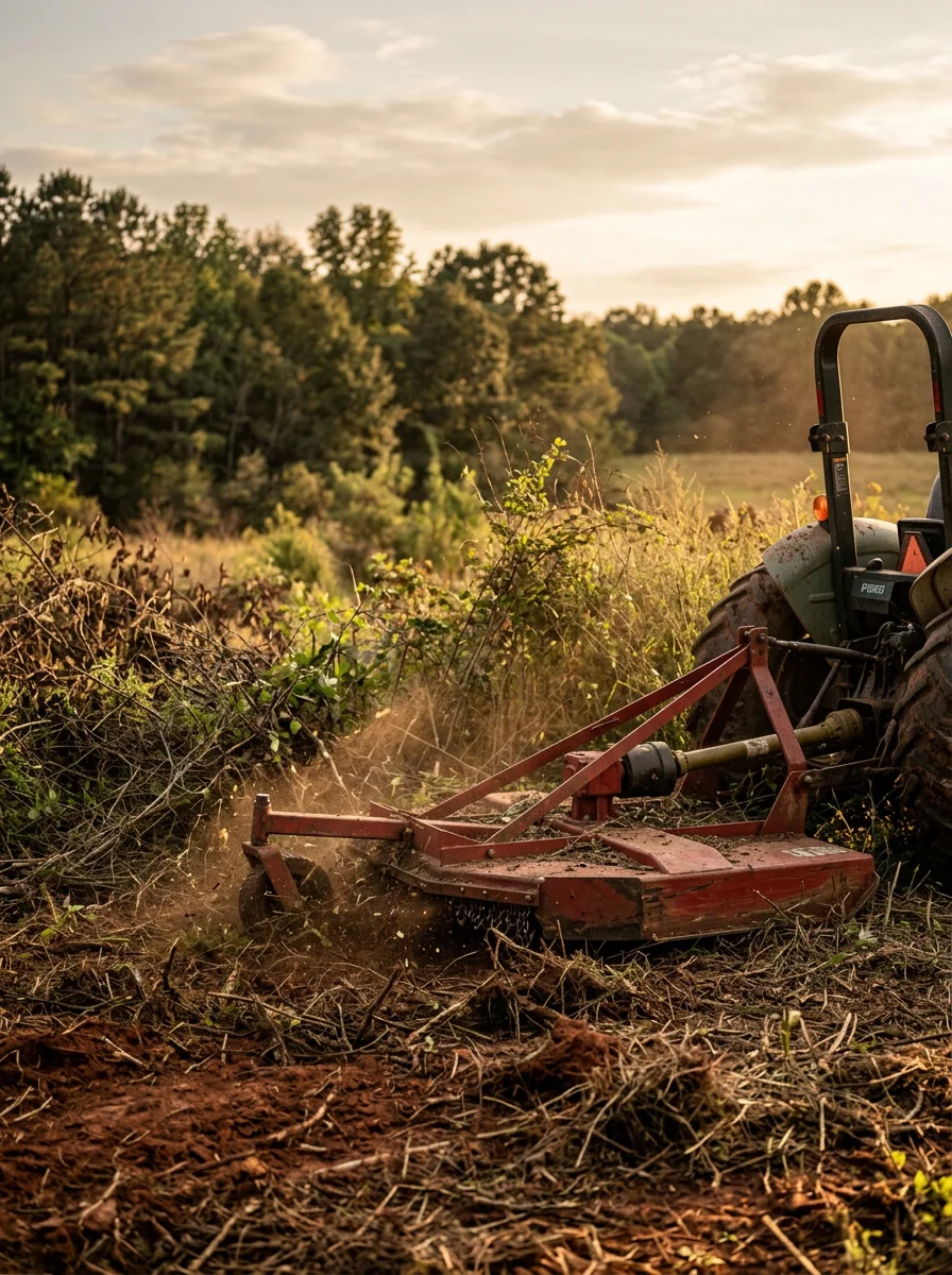 A bushhog attachment clearing dense overgrown field edges on a rural Spartanburg County property near Woodruff, SC, with timber and pasture land visible beyond the cleared strip.