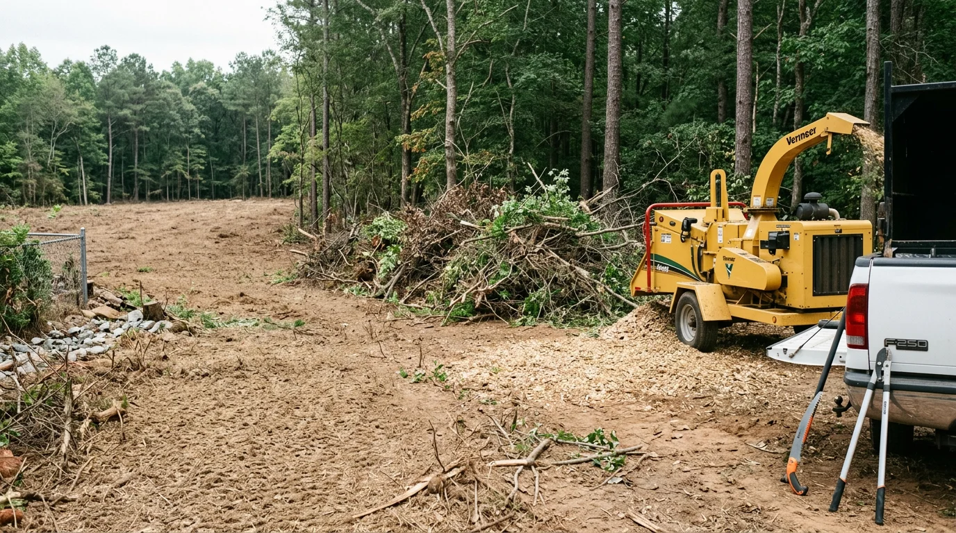 A cleared residential property edge in Fountain Inn, South Carolina, showing cut-back undergrowth and open ground along a wooded lot border after brush removal service by Green Canopy Tree Co.