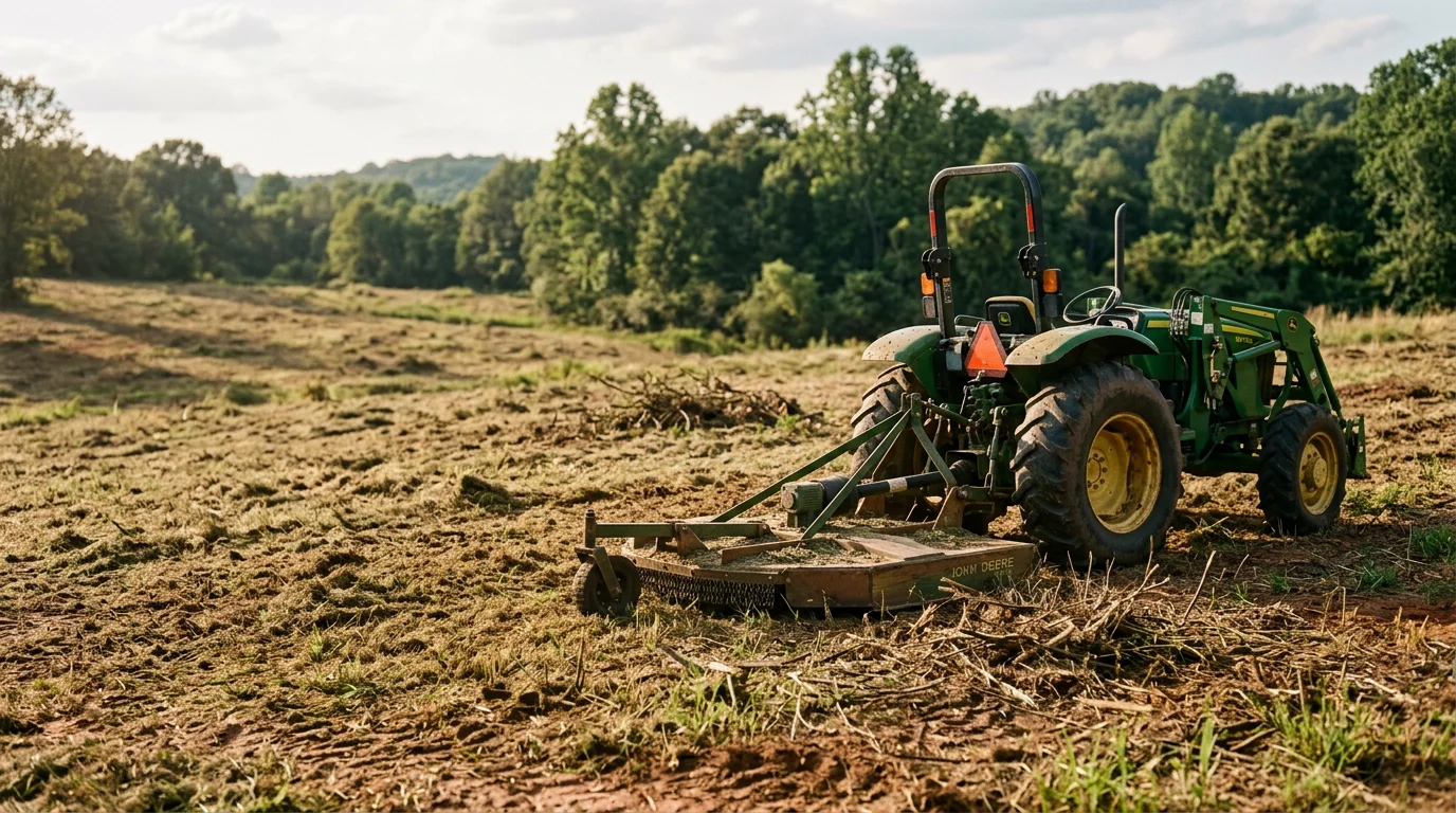 A tractor with a rotary cutter attachment bushhogging a tall, overgrown field on a rural property near Fountain Inn, South Carolina. The cut rows show a clear contrast between the thick uncut growth and the freshly mowed ground.