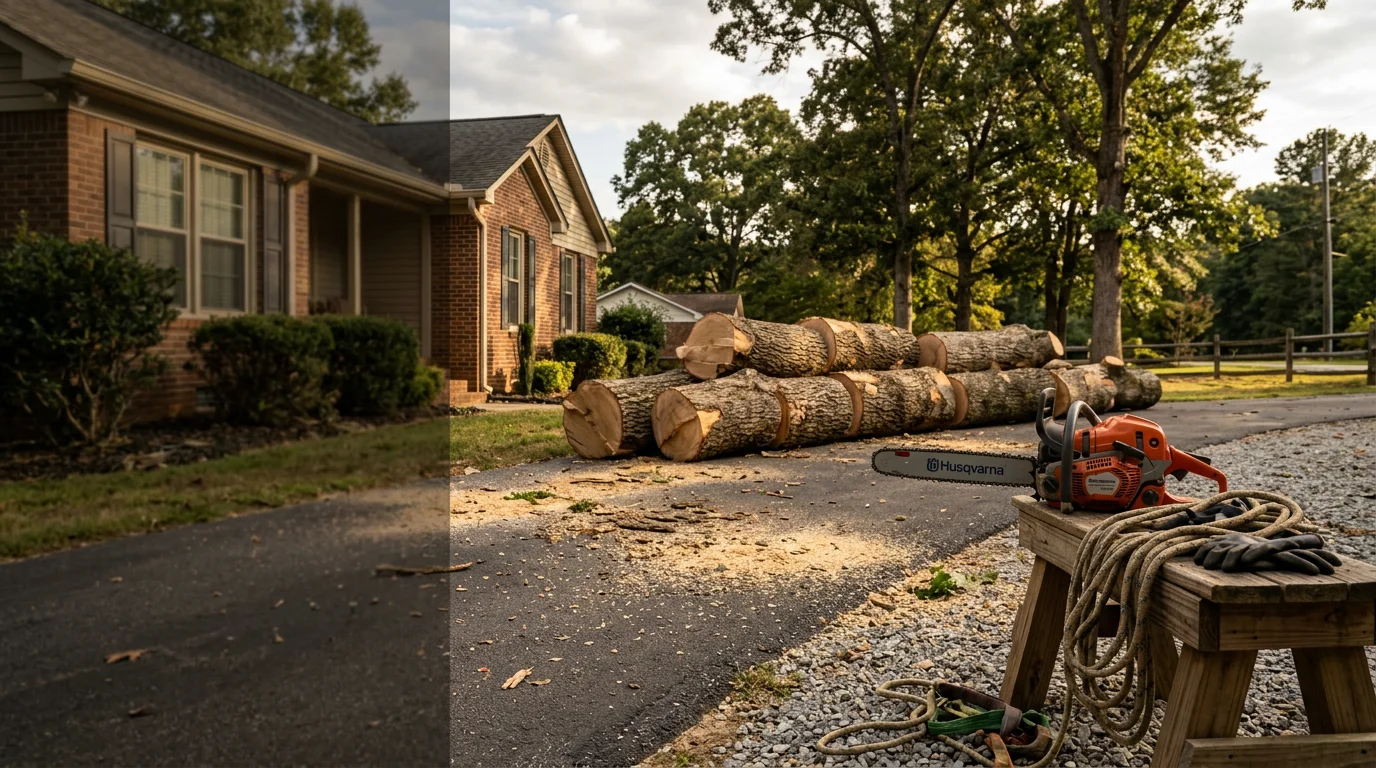 A large storm-damaged tree removed from the roof of a residential home in Fountain Inn, South Carolina, with debris cleared from the yard. Green Canopy Tree Co crew on site after a severe thunderstorm in the Upstate SC area.