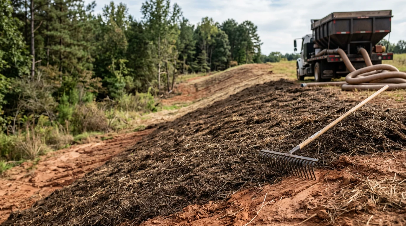 A freshly mulched bare slope in a Fountain Inn residential yard, with mulch applied evenly across disturbed clay soil to prevent runoff. The surrounding area shows signs of previous erosion with the mulch layer now covering exposed ground along the grade.