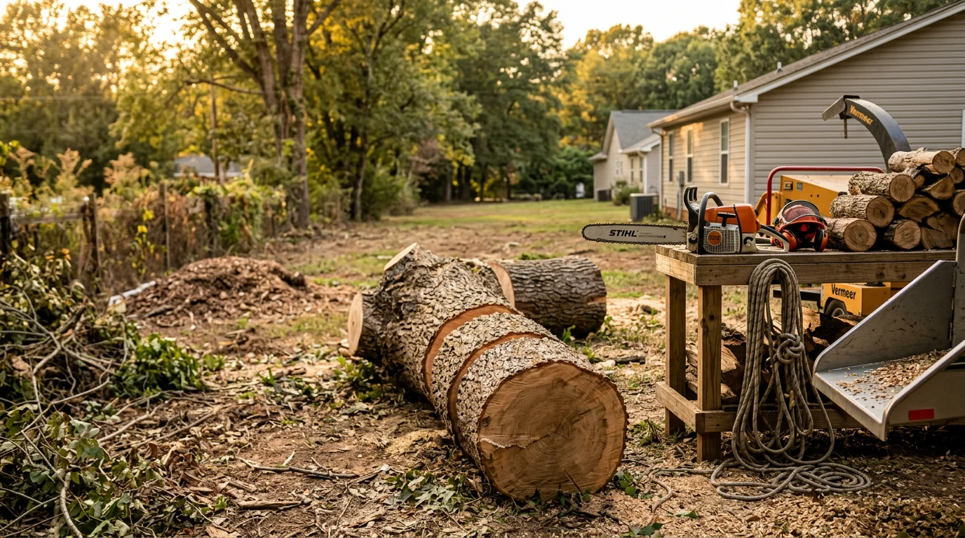 A large fallen hardwood tree lying across a residential backyard in Fountain Inn, South Carolina, with cut sections staged for removal and the surrounding lawn cleared of debris.