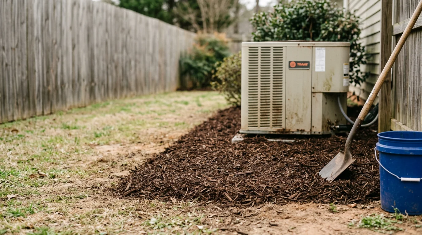 A mulched garden bed tucked along a narrow fence line at a residential property in Fountain Inn, South Carolina, with fresh mulch hand-placed around shrub bases in a tight space between a wood fence and a home foundation.