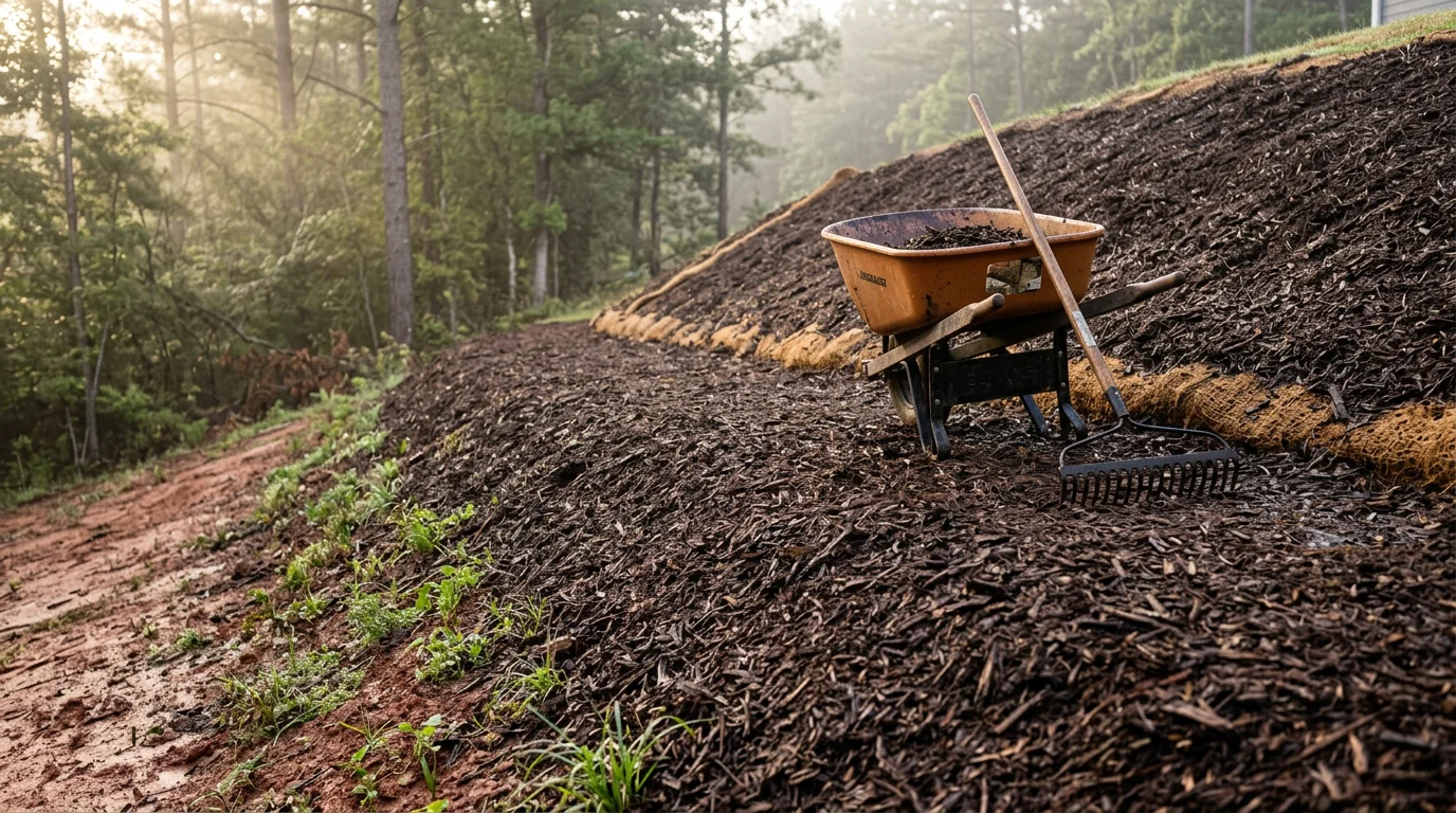 A residential hillside in Fountain Inn, South Carolina with a freshly applied mulch layer covering the full slope from top to base. The mulch sits evenly across the grade with no bare soil visible and a line of young ground cover plants along the upper edge.