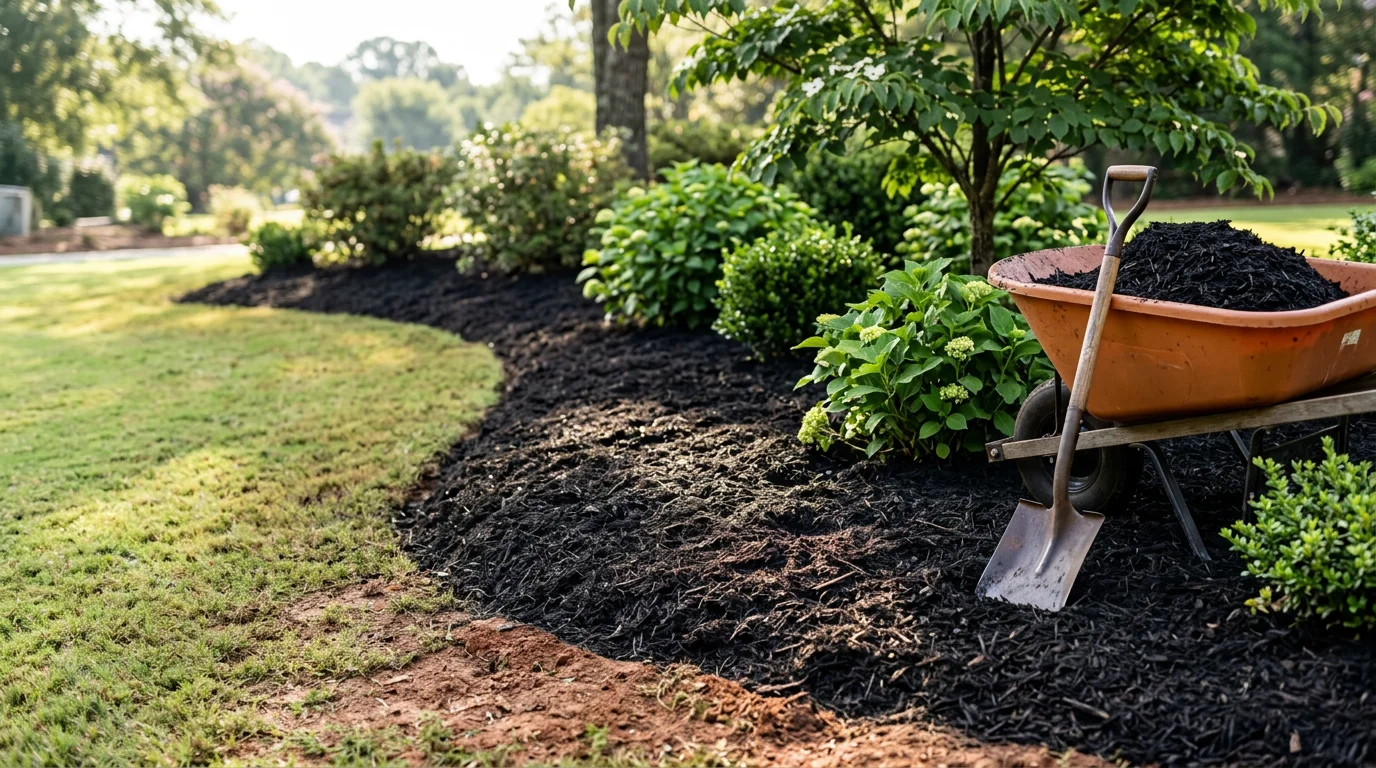 Freshly applied specialty mulch surrounding a mature tree ring and adjacent planting beds at a residential property in Fountain Inn, South Carolina. The mulch layer is evenly spread and pulled back from the tree base, with clean bed edges visible along the lawn border.