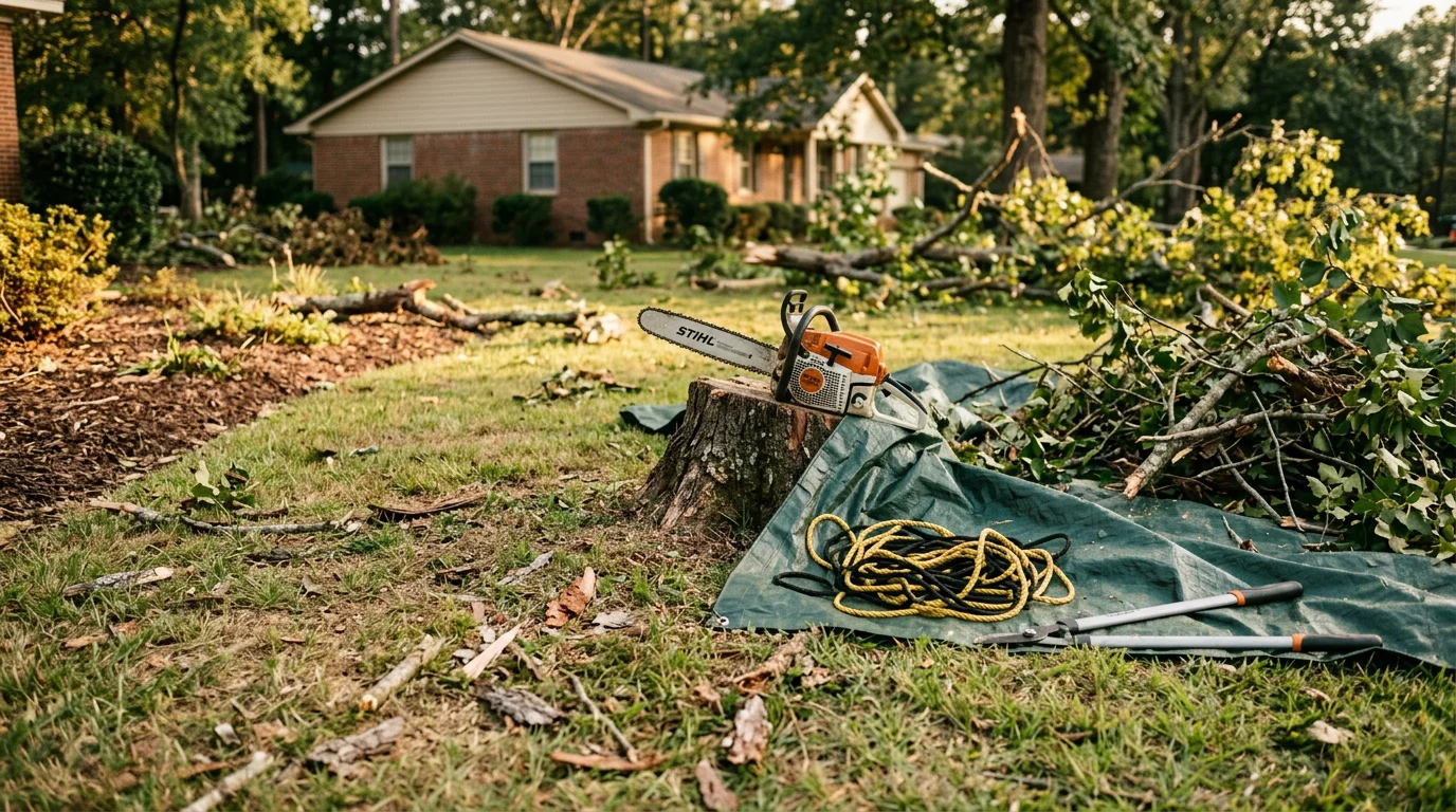 A residential yard in Fountain Inn, SC with scattered storm limbs and broken branches cleared from the lawn, showing clean turf and tidy beds after debris removal by Green Canopy Tree Co.
